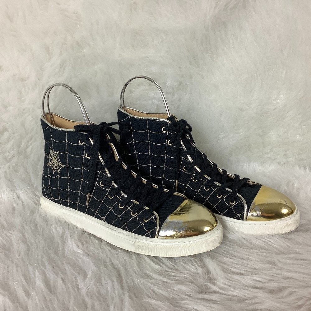 Charlotte Olympia Gold Toe Black High Top Spider Web Embroidered Sneakers EU 39